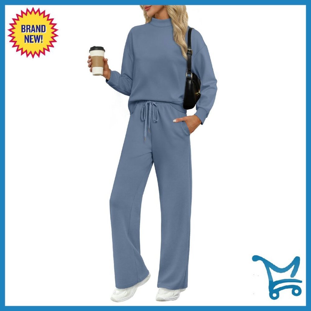 Women's Mock Neck Top & Wide Leg Pants Set - 4-Way Stretch Lounge Wear - Picture 1 of 8